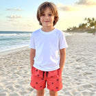 Boy wearing Boy's Swim Short - Tiny Palms on BricRed