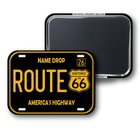 Route 66 license plate design with yellow text on a black background magnet
