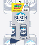 Socks featuring a repeating 'BUSCH LIGHT CANS' print, shown both as a pair laid flat and hanging in retail packaging. The design includes blue and white busch light cans on a light gray background, with the Crazy Socks logo in the top left and the text 'BUSCH LIGHT CANS' at the bottom.