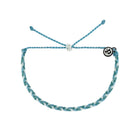 Blue and white braided bracelet on a white background