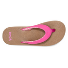 A single Sanuk flip-flop sandal shown from a top-down view on a white background. The flip-flop features a textured brown footbed with the pink 'savuk' brand logo on the heel, and a vibrant hot pink strap with a pink and white patterned inner lining.