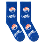 A pair of royal blue crew socks featuring the Pepsi-Cola brand logo printed in red and white, shown against a plain white background.