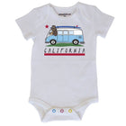 White baby onesie with a graphic of a van and bear, and 'California' text on a white background.