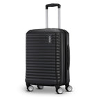 A black ribbed hard-shell suitcase with an extended telescopic handle and four spinner wheels, shown on a clean white background.