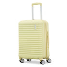 A pale yellow hard-shell spinner suitcase with a telescoping handle extended, shown on a clean white background.