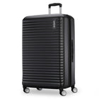 A black hardshell spinner suitcase with a ribbed design and telescoping handle, shown on a plain white background.