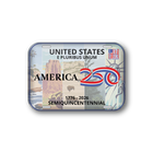 A novelty license plate-style magnet or plaque celebrating the United States semiquincentennial, featuring scenic landmarks, the text 'UNITED STATES E PLURIBUS UNUM', 'AMERICA 250', and '1776 - 2026' on a white background.