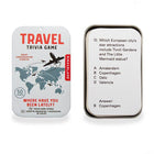 Travel trivia game packaging with world map and question card on white background