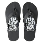 Left and right Black flip-flops with white text on a white background