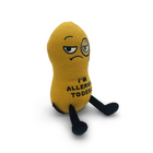 Yellow plush toy with a sad expression and text on a white background