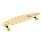 Wooden skateboard with green wheels on a white background