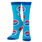 Pair of blue socks with Pepsi logo on a white background