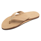 A single tan leather flip-flop sandal with a brown outsole, shown from a side angle on a plain white background.