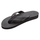 A single black flip-flop sandal with a textured rubber sole and a small colorful logo patch on the strap, shown on a plain white background.