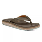 A single olive green thong sandal with a contoured brown footbed and a speckled beige and light blue sole, shown from a side profile on a white background.
