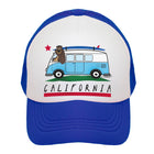 A blue and white trucker hat featuring a California-themed graphic on the front panel with a cartoon van, bear, stars, and the word 'CALIFORNIA' on a white background.