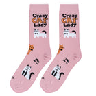 Pink socks with cat illustrations and 'Crazy Cat Lady' text on a white background