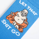 Blue sock with cartoon character and text 'LET THAT SHIT GO' on a white background