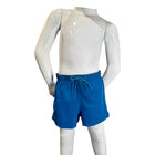 Blue swim trunks with a matching drawstring waistband, displayed on a white mannequin torso against a plain white background.