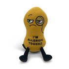 Yellow plush toy with a face and text on a white background