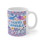 Mug with colorful graphics and 'Santa Monica' text on a white background