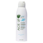 Aloe Up Broad Spectrum Sunscreen Mist SPF 50 in a white aerosol can with green and blue text and graphics, set against a plain white background.