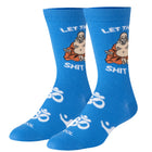 Blue socks with graphic design and text on a white background