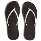 Brown flip-flops with white straps on a white background