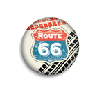 Round button with Route 66 design on a white background