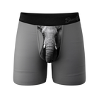 Gray boxer briefs with an elephant print and 'Shineshirt' branding on a white background