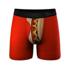 Red boxer briefs with a hot dog graphic and 'Shinesty' branding on a white background