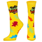 Yellow socks with colorful characters and 'Sour Patch Kids' branding on a white background