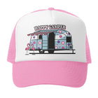 Pink and white cap with 'Happy Camper' design on a white background