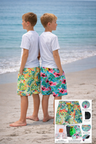 Two boys wearing colorful tropical print shorts on a beach with inset images of the shorts.