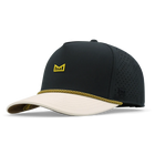 Black and white baseball cap with yellow accents on a white background