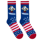 Two socks with American flag design and 'Merica text on a white background