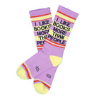 Purple socks with text on a blue background