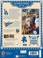 Back of a Los Angeles Dodgers puzzle packaging with team history and product details.