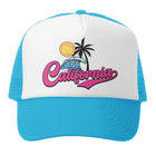 Blue and white cap with 'California' design featuring a palm tree and wave.
