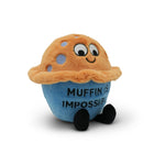 Plush toy resembling a blue muffin with a smiling face on a white background