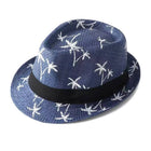 Tropical Palm Tree Straw Fedora : Navy Blue - Palm Print