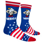Two socks with American flag design and 'MERICA text on a white background