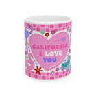 Colorful mug with 'California I Love You' text on a white background