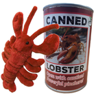Plush lobster toy next to a can labeled 'Canned Lobster' on a white background