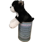 Plush dog toy in a canister with text on a white background