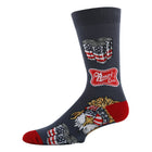 Sock with Americana design featuring an eagle and beer cans on a white background