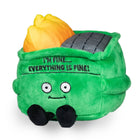 Green plush toy with a face and text 'I'm fine... everything is fine!' on a white background