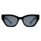 Black cat-eye sunglasses with dark lenses on a white background