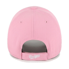 Pink baseball cap with 'Dodgers' logo on the back against a white background
