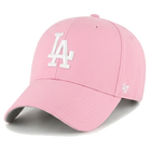Pink baseball cap with white logo on a white background